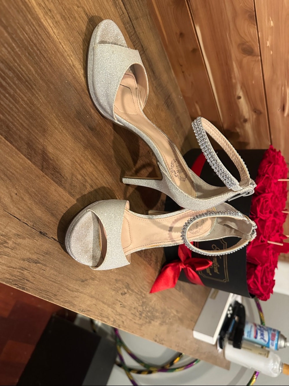 Elegant Women's Silver Ankle-Strap Glitter Heels (David’s Bridal)